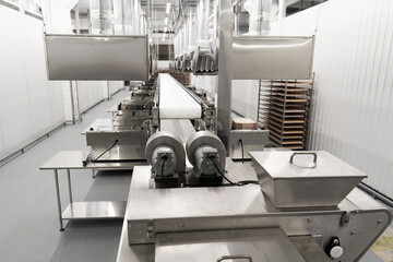 Food industry. Empty clean conveyor belt in a modern food factory. Food production concept