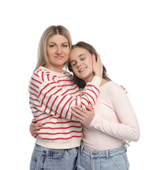 Portrait of mother with her daughter on white background