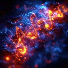 Abstract musical notes ablaze in vibrant fire and icy blue smoke