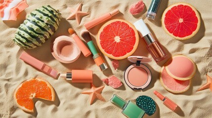 Coral makeup and summer fruits on sandy beach.