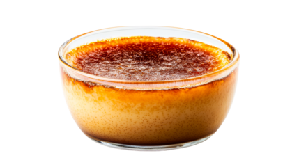 Brown Crème brûlée Dessert in Glass on Black Background, cut out transparent