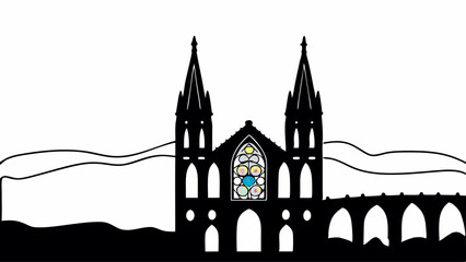 Dramatic Black and White Cathedral Silhouette with Vibrant Stained Glass Window Art Design - Architectural Cityscape Graphic Illustration Rep Img
