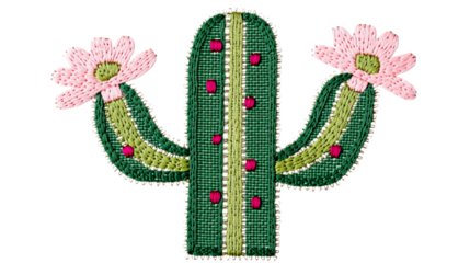 Embroidered Cactus with Flowers, Botanical Needlework Design, cut out transparent