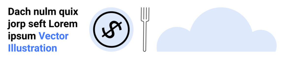 Dollar coin inside a circle, a fork, and a blue abstract cloud. Ideal for finance, savings, food budgeting, investment concepts, cloud services, economy simple landing page