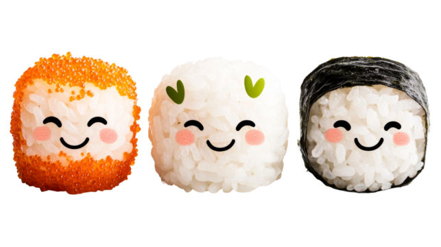 Three cute sushi rolls with smiling faces, cut out transparent - Powered by Adobe