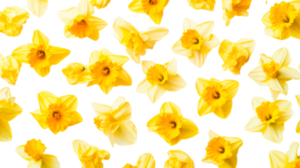 Yellow daffodils, spring blossoms on black backdrop, cut out transparent