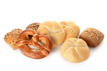 Different delicious buns and pretzel on white background