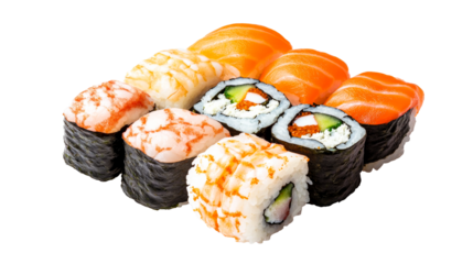 Assorted sushi rolls with seafood, Japanese food assortment, cut out transparent