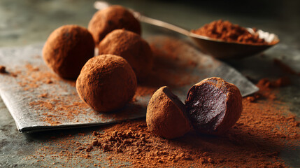 Handmade chocolate truffles finished with cocoa powder, a high-quality sweet treat.  