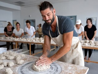 Group of people learning bread making in a culinary workshop during daylight hours