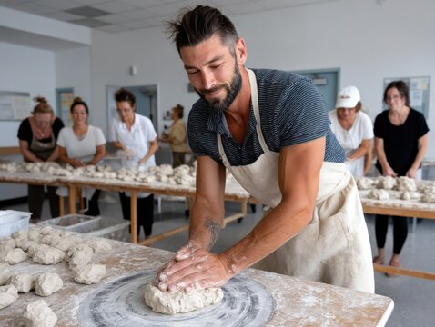 Group of people learning bread making in a culinary workshop during daylight hours