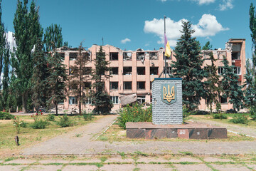 The administrative building was damaged by shelling. War in Ukraine