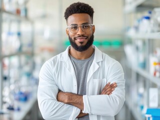 Smiling scientist in a laboratory with shelves full of scientific equipment during the daytime
