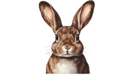Portrait of an alert rabbit with long ears, close-up, cut out transparent