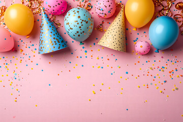 Colorful party decoration with balloons, confetti, and party hats on a pink background