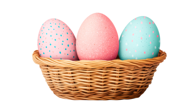 Easter eggs in basket, isolated, cutout, transparent