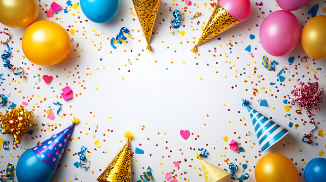 Colorful party decorations with balloons, confetti, and party hats on a white background