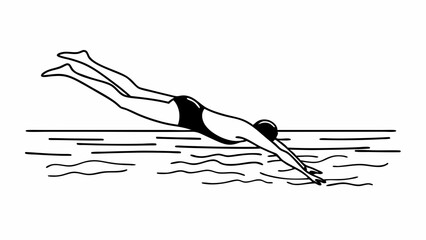 Black and White Line Art Swimmer Diving Headfirst into Pool Water
