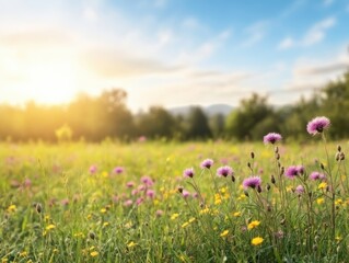 Obraz premium Sunlight casts a warm glow over wildflowers blooming in a serene meadow during the golden hour of early evening