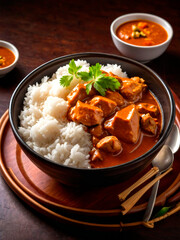 Tasty chicken curry served with steamed rice in a cozy setting Generative AI