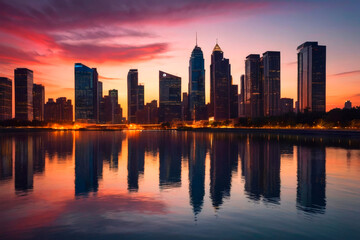 Fototapeta premium Skyline at sunset with vivid colors reflecting on calm water in city Generative AI