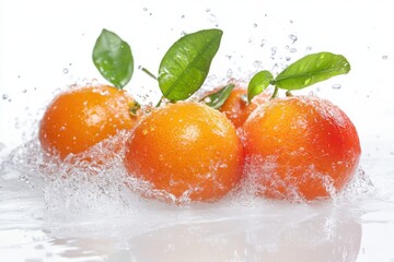 Mandarins with leaves in water splash on a bright white surface
