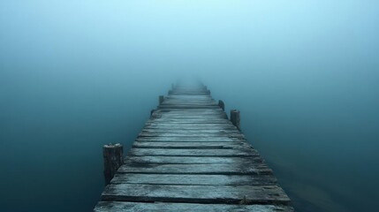 Misty wooden dock extending into a fog-shrouded lake
