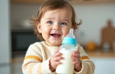 Smiling baby holds milk bottle with formula. Adorable toddler infant drinks milk. Happy child eating or drinking in home kitchen interior. Babyhood, childhood, healthy eating concept.