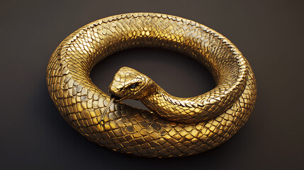 Fototapeta premium Golden snake coiled in a circle on dark background