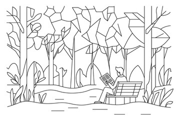 A geometric line art a person sitting in a park with a coffee cup, reading a newspaper