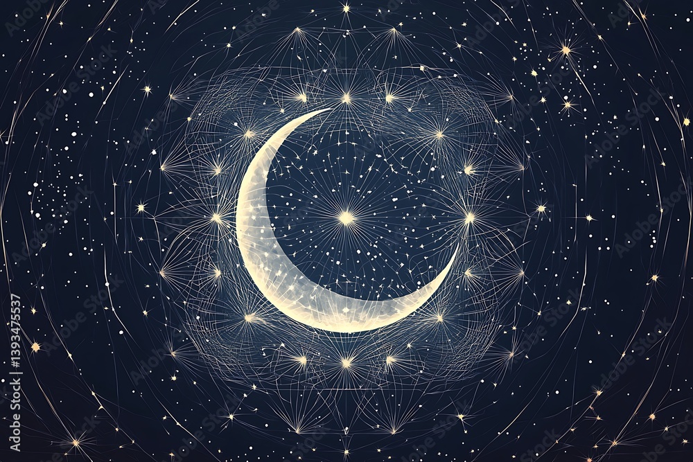 Wall mural a geometric linear art a moon with stars in a symmetrical pattern