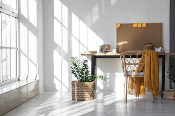 Workplace with houseplant, chair and board with sticky notes in light office