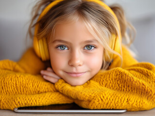 Young girl with headphones enjoys music while relaxing in cozy yellow sweater indoors. girl with bright blue eyes listens to music through yellow headphones, resting her chin on her hands on a tablet