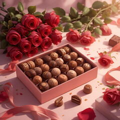 Romantic Chocolate Gift Box with Red Roses – Valentine’s Day Digital Illustration on Pink Background, No 126