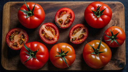 Halved dark tomatoes displayed on a board.