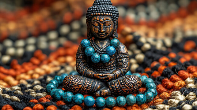 A serene dark wood Buddha statue sits in a meditative pose adorned with a teal gemstone mala bead necklace on a richly textured rug.