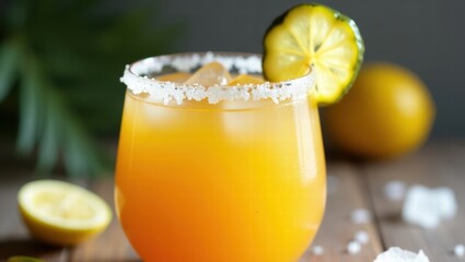 Fototapeta premium Refreshing citrus cocktail with lime and salt rim on wooden table