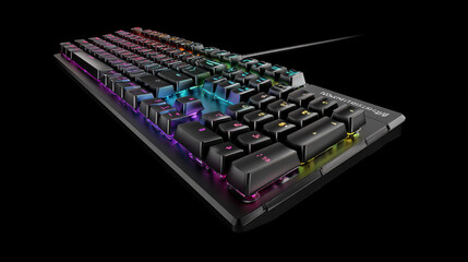 Keyboard featuring customizable RGB lights, designed for gaming.  