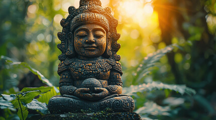 A serene wooden statue of a meditating deity sits amidst lush green foliage bathed in warm sunlight creating a peaceful and spiritual atmosphere perfect for meditation or yoga