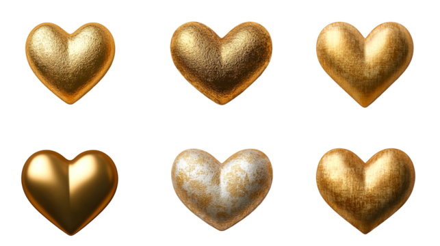 Set of golden hearts in various styles and textures , cut out transparent