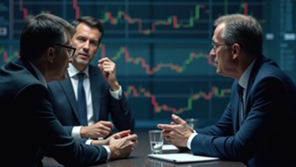 Business meeting with financial analysts in formal attire discussing market trends and data in a modern office