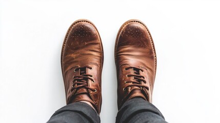 Overhead view of brown leather shoes on a white background.