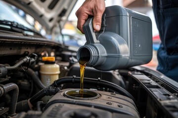 Obraz premium Close-up of a mechanic pouring engine oil into a car.