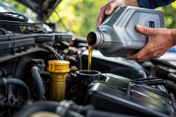 Person pouring motor oil into car engine outdoors.