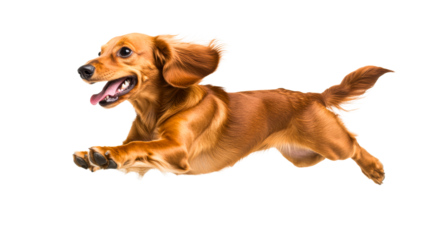 Joyful dachshund jumps with tongue sticking out, pet, cut out transparent