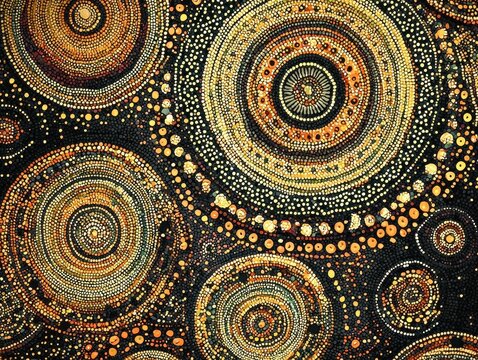 Dotted Circles: A vibrant canvas of radiating circles in warm tones of yellow, orange, and brown against a dark backdrop.