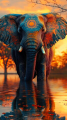 Fototapeta premium Majestic Elephant with Artistic Patterns in Sunset Waterscape