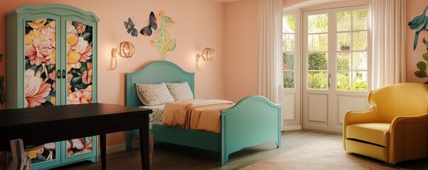 A bright and airy kids' bedroom with pastel peach walls and a turquoise bed frame