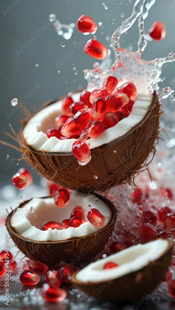 Poster coconuts cracked open with pomegranate seeds inside them.