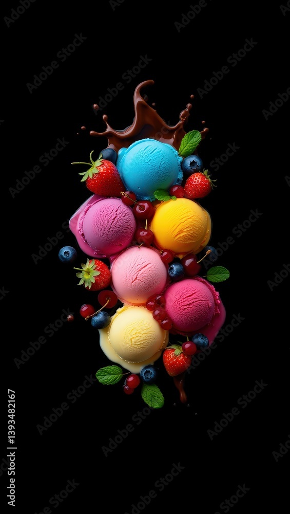 Poster a vibrant assortment of colorful ice cream cones, each topped with a different fruit or candy, set a